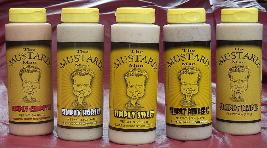 OUr collection of mustards include Simply Sweet, Pepperd, Horsey, Chipotle, and Maple.